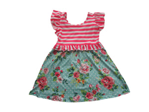 Pink Stripe Aqua Floral Girls Dress