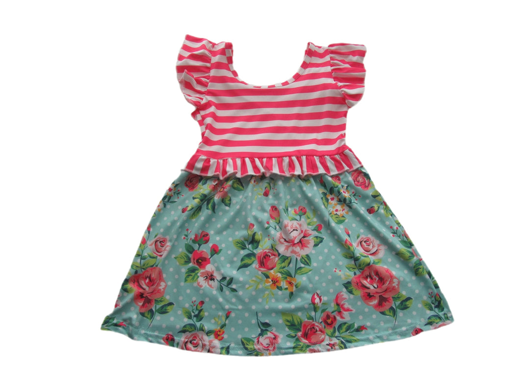 Pink Stripe Aqua Floral Girls Dress